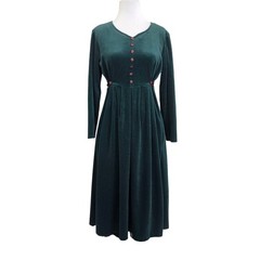 Vintage Helene Blake Green Velour Cord Midi Dress Tie Waist Cottagecore Womens L