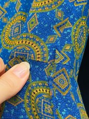 Vintage 1950s blue gold dress, cotton summer short sleeve shirt rayon green S