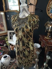 Lillie Rubin Vintage Black Gold Beaded Sequin Semi-Open Back Silk Dress Size 6