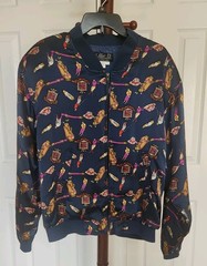VINTAGE LILLIE II SILK BOMBER JACKET GOLF MOTIF WOMENS L small stain on back arm