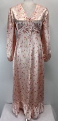 Vtg Handmade Satin Floral Gown Dress Pink Tie Back Cottage Core Prairie Long 70s