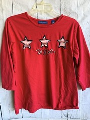 Vintage Karen Scott USA Patriotic Sequin Stars Red White Blue Shirt 3/4 Sleeve L