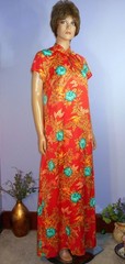 Vintage ‘70s Hilo Hattie’s Mandarin Collar A-line Hostess Gown, Orange, Mod 6/7