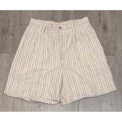 Uniworld Vintage High Waisted Linen Cotton Striped Pleated Shorts Beige White 13