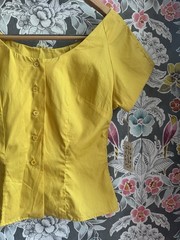 VTG 50s Designer Greta Plattry Deadstock Mustard Gold Blouse Button Up Top XS/S