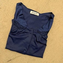 Vintage Vanity Fair Navy Blue Silk PJ Top Size Small Made In USA