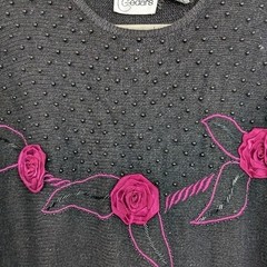 Vintage 80s Cedars Black Sweater Rose Appliqué Angora Silk Blend Size M
