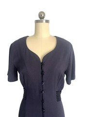 Vintage 80s Navy Blue Button Down Satin Belt Heart Neckline 40s inspired Midi S