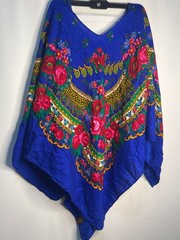 Vintage Japanese Floral Kaftan Poncho Top Blue 100% Acrylic Made in Japan 1986