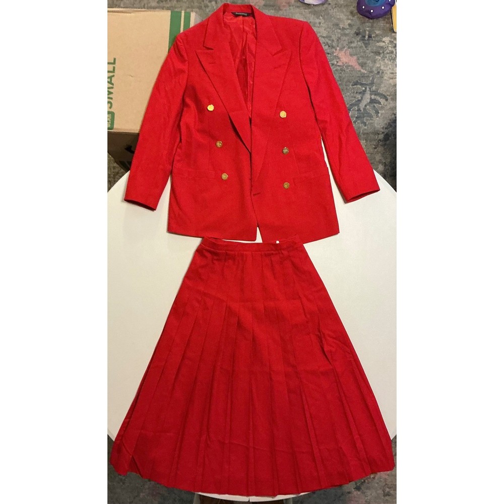 Burberrys Vintage Red Wool Skirt Suit Double Breasted Blazer Pleated Skirt Sz 6