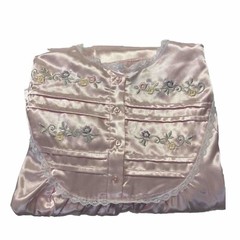 Vintage Delicates Long Nightgown Sz L Pink Satin Embroidered Lacey Long Sleeves