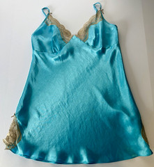 Vintage No Boundaries Turquoise Satin Lace Chemise Slip Nightgown Size L Y2K