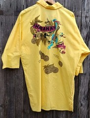 Vintage long blouse yellow Habana back print oversized women shirt blouse retro tunic L