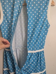 Vtg 70s Sky Blue White Polka Dot Mod Sun Day Dress Sleeveless Fit Flare Knit S
