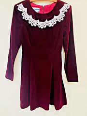 Jessica McClintock Gunne Sax Ruby Red Velvet Victorian Dress w Lace Neck Trim