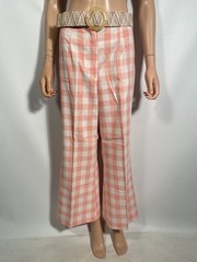 Vintage 1970s Salmon Gingham Cotton Wide Leg Bell Bottom Pants Size S