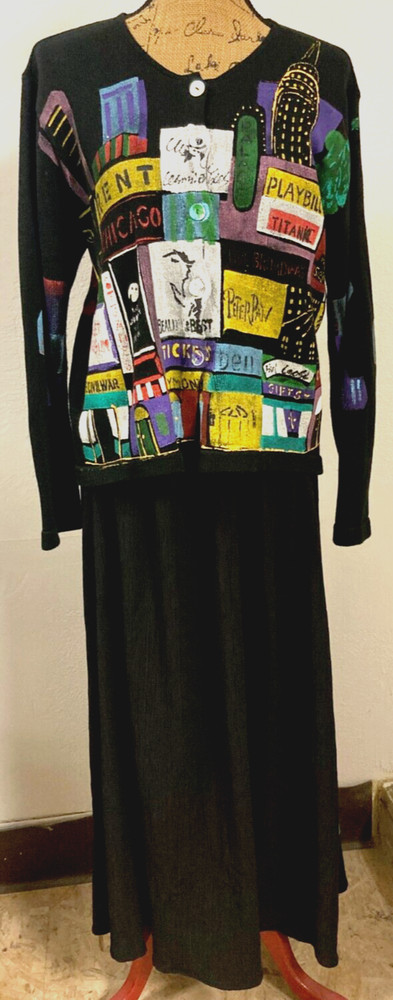 Women’s S/M Vintage 90’s Marguerita Hand Painted Cardigan Skirt Set NYC Theatre