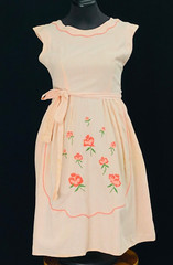 Vintage 1950s SWIRL embroidered wrap dress, peach pink floral rose cotton M L