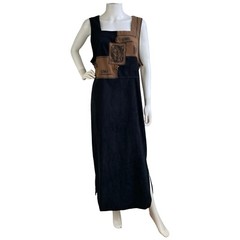 Vintage Nina Piccalino Dress 80s brown black leaf print maxi faux suede Size XL