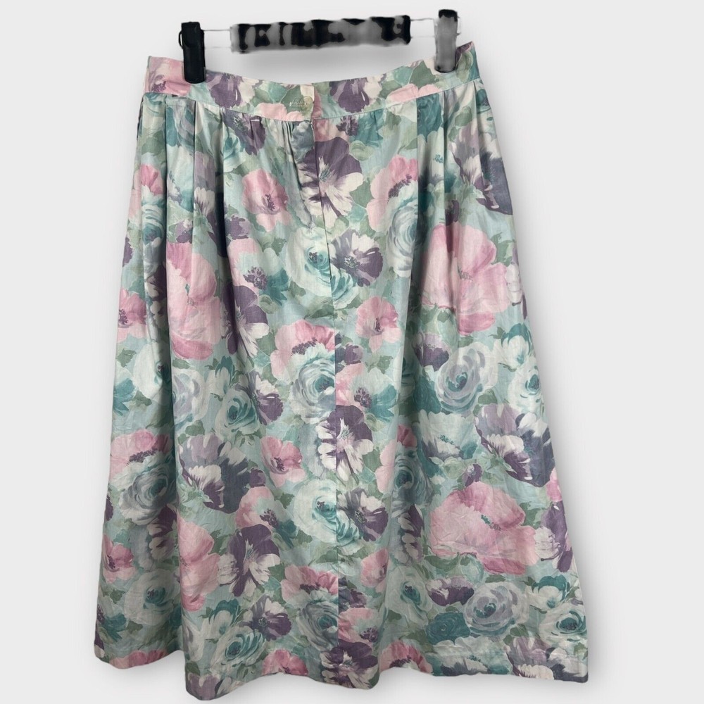 80s large floral pastel rose print green below knee skirt coquette Size 8 Small