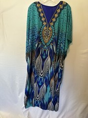 Vtg 90s Flowy Vacation Kaftan Day Dress Mrs. Roper OSFM Teal gold leopard