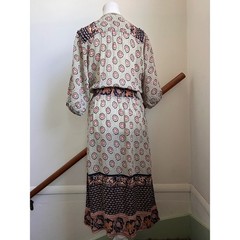 Vintage 70s Midi Dress Boho Smocked Waist Semi Sheer Peasant Batik Block Print