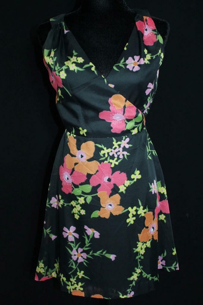 RARE VINTAGE FRENCH VERA MONT PARIS 1980’S BLACK VIVID FLORAL PRINT DRESS SIZE 6