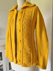 Vintage Hand Knit Mustard Yellow Button Up Sweater Chunky Cardigan