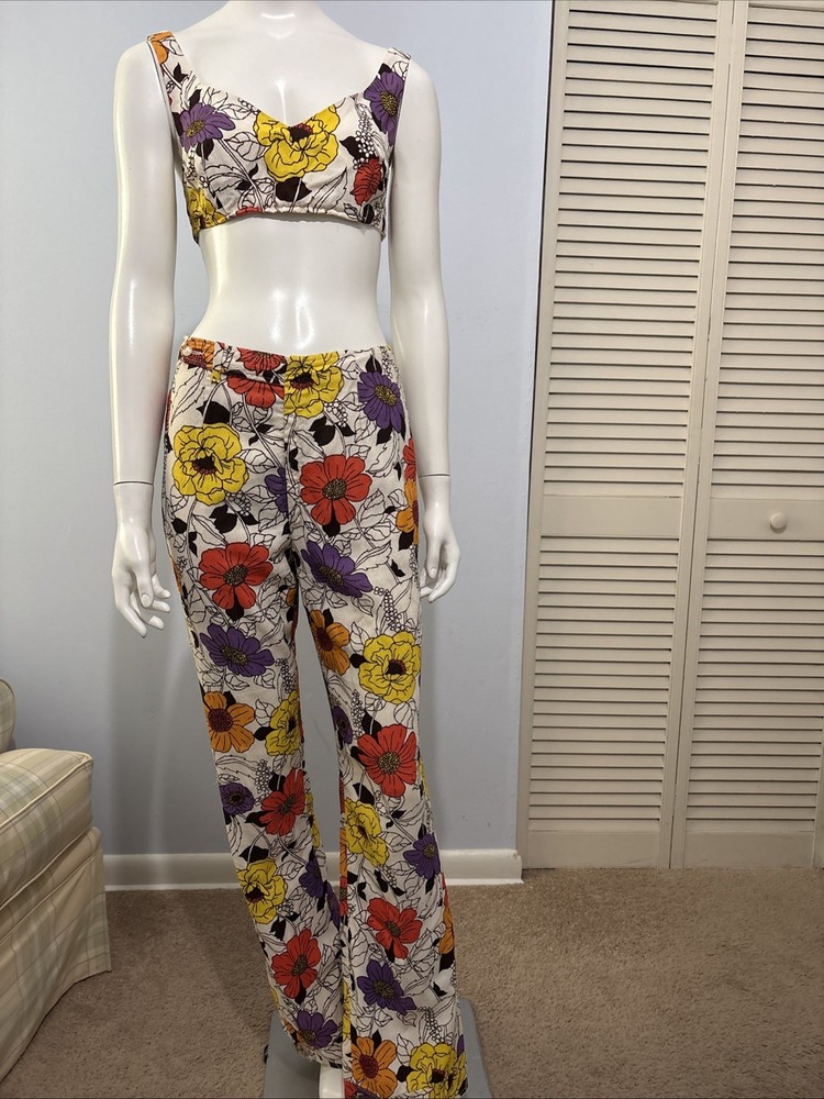 Vtg Portiono 70s Womens Two Piece Matching Set Crop Top And Pants Floral Sz S