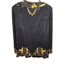 Kig Vintage Silk Beaded Sequin Evening Jacket Black Gold XL Formal Open Front
