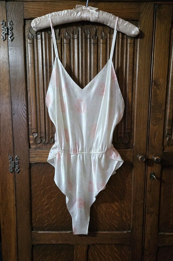 Vintage Laura Adams Silky Satin High Cut Teddy White And Pink Floral Size M