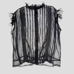 Vintage Black Mesh Pin-Tuck Lace Blouse M Back Ruffle Neck Whimsigoth Fairy Goth
