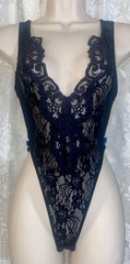 VTG L Black NYLON Soft Stretch LACE Teddy Romper Body suit nightie w snap gusset