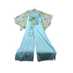 Vintage 70s Blue Wide Leg Jumpsuit Floral Chiffon Bell Sleeve Disco Boho 7/8