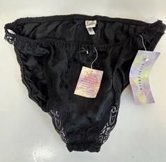 Vintage Silkscreen Black Silk Bikini Panties Bow 7 Large Lace