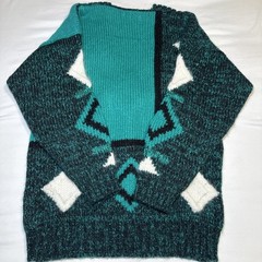 Vtg Susann D Sweater M Teal Ivory Geo Abstract Chunky Knit Wool Angora Blend EUC