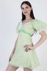Vtg Green Gingham Dress Wht Lace Puff Slv High Waist Country Prairie Sundress