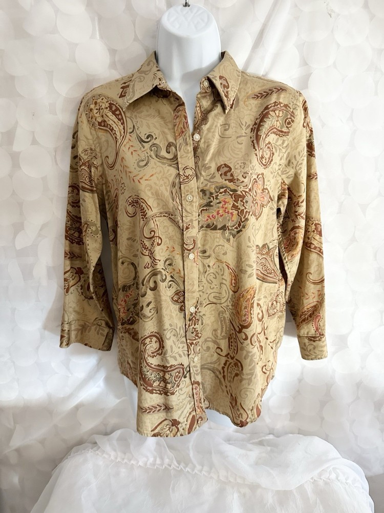 VTG 90s Ralph Lauren Women’s Button Down Shirt Medium Paisley Earth Tone Elegant