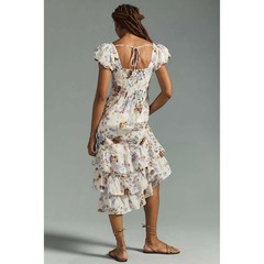 Anthropologie White Lavender Floral Puff Sleeve Tiered Midi Dress S Cottagecore