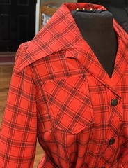 Vintage Red Black Plaid stripes Shirt Dress Polyester Knit Medium Large EUC