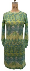 RODIER PARIS Vintage 60s/70s Women’s LS Mod Print Knit Dress Sz S Turquoise Lime