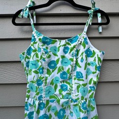 Vintage The Vested Gentress Floral Hand Screened Print Strap Dress Blue Green