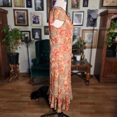 Vintage 90s DBY Floral Print V-Neck Ruffle Hem Midi Dress Orange Tan Womens