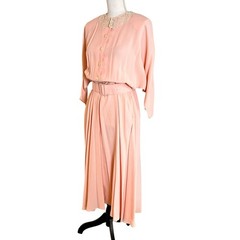 Vtg 80s All That Jazz Pink Blouson Midi Dress Lace Collar Pleated Belted Medium