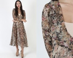 Vtg Low Cut Muted Lightweight Thin Floral Sundress Airy Summer Sun Midi Dress