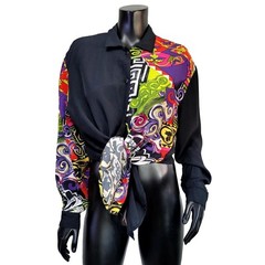 Vintage Clover California Blouse M Black Baroque Print 80s 90s Art to Wear Boho