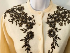 VTG Ivory Lambswool Copper heavily beaded sequin cardigan sweater Hong Kong 42