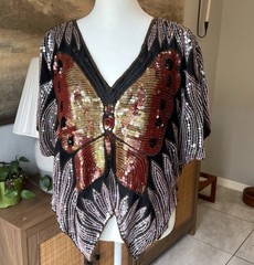 Vintage 80s Silk Sequin Butterfly Top Beaded Black Art Deco Festival Boho