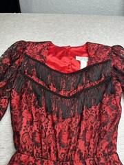 VTG Lilia Smitty Red/Black Lace Fringe Western Goth Long Gown/Dress Size 3/4