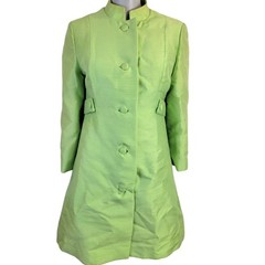 Vintage 60s Mod Silk Set Women 10 Medium Green Peacoat Jacket Knee Length Dress